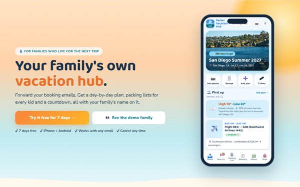 The Vacation Hub home page with a phone showing a sample family's San Diego trip, weather and flight