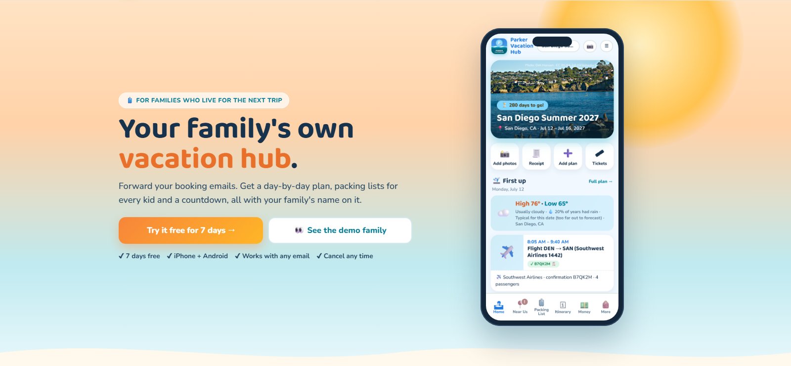 The Vacation Hub home page with a phone showing a sample family's San Diego trip, weather and flight