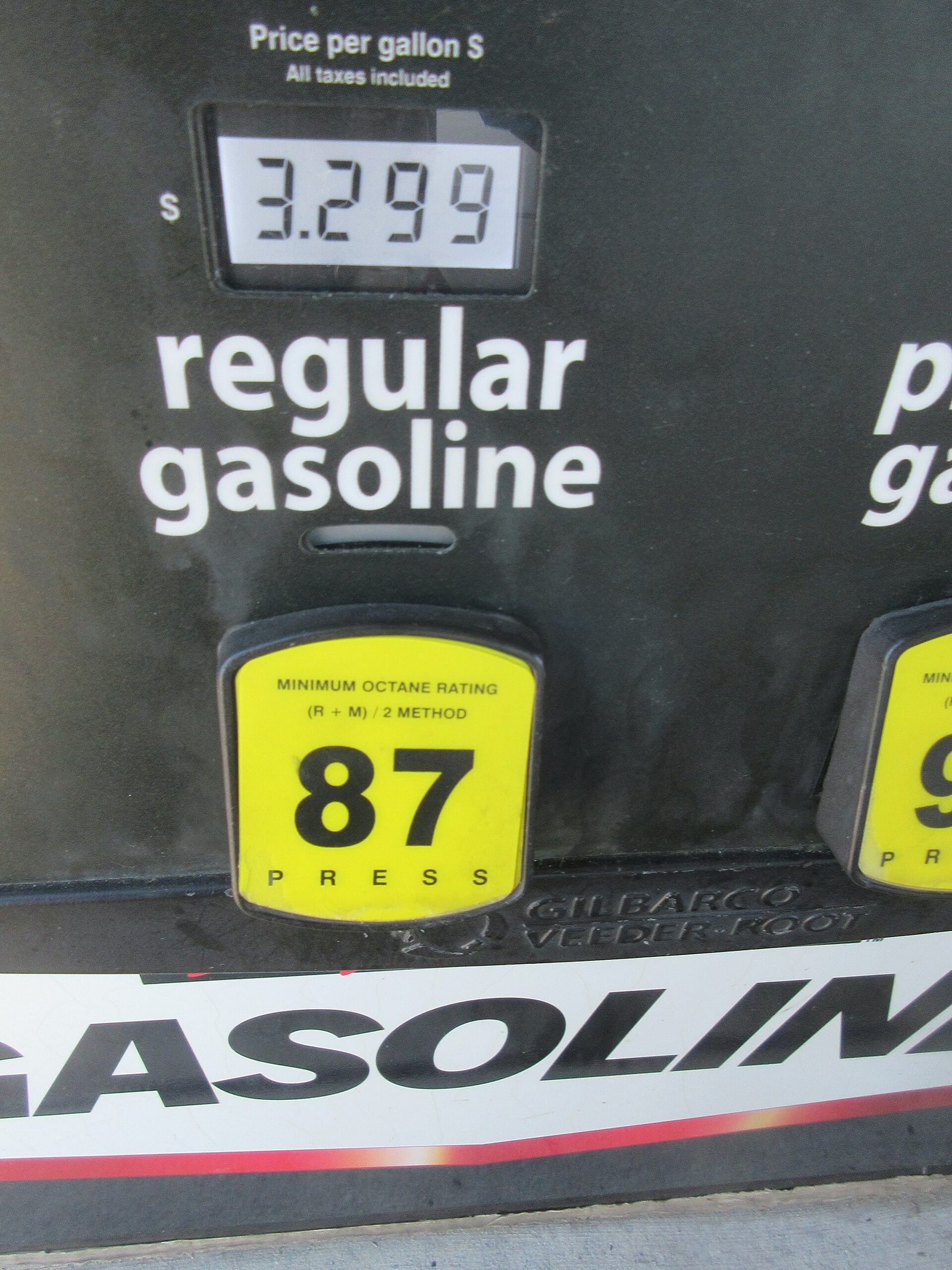 Close-up of a gas pump display showing the price per gallon for regular 87 octane gasoline